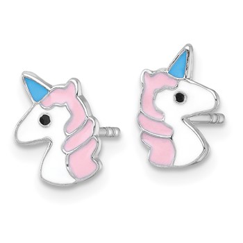 Sterling Silver Madi K Rhodium-plated Enameled Unicorn Childrens Post Earrings — alternate view