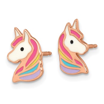 Sterling Silver Rose-tone Polished White and Rainbow Enameled Unicorn Childrens Post Earrings — alternate view