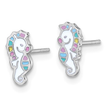Sterling Silver Rhodium-plated Polished White and Rainbow Enamel Seahorse Childrens Post Earrings — alternate view