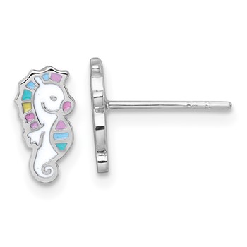 Sterling Silver Rhodium-plated Polished White and Rainbow Enamel Seahorse Childrens Post Earrings
