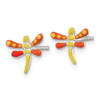 Sterling Silver Polished Yellow and Orange Enameled Dragonfly Childrens Post Earrings — alternate view