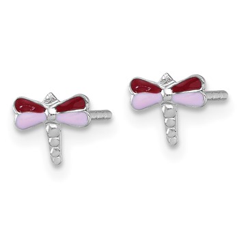 Sterling Silver Madi K Rhodium-plated Enameled Red And Pink Dragonfly Childrens Post Earrings — alternate view
