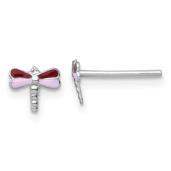 Sterling Silver Madi K Rhodium-plated Enameled Red And Pink Dragonfly Childrens Post Earrings