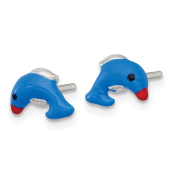 Sterling Silver Polished Blue/Red/Black Enameled Dolphin Childrens Post Earrings — alternate view