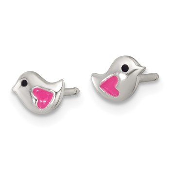 Sterling Silver Polished Pink and Black Enameled Heart Bird Childrens Post Earrings — alternate view