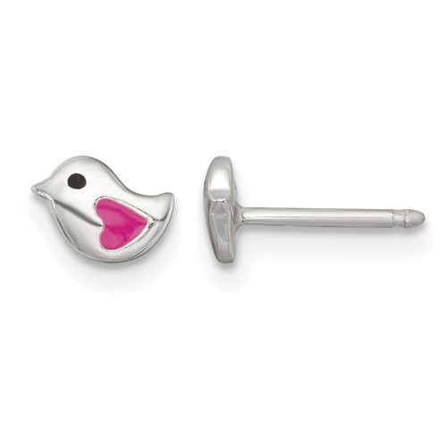 Sterling Silver Polished Enameled Heart Bird Post Earrings