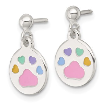 Sterling Silver Polished Enameled Multi-color Heart Pawprint Childrens Post Dangle Earrings — alternate view