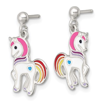 Sterling Silver Polished White and Rainbow Enameled Unicorn Childrens Post Dangle Earrings — alternate view