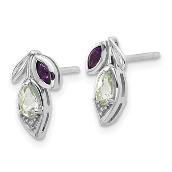 Sterling Silver Rhodium-plated Polished Amethyst and Green Quartz Leaf Post Earrings — alternate view