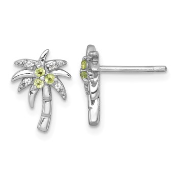 Sterling Silver Rhodium-plated Polished and Grooved Peridot and White Topaz Palm Tree Post Earrings
