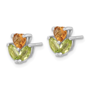 Sterling Silver Rhodium-plated Polished Heart Citrine and Peridot Flower Post Earrings — alternate view