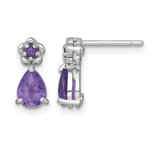 Sterling Silver RH-plated Amethyst Teardrop & Flower Post Earrings
