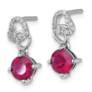 Sterling Silver Rhodium-plated Polished Round Lab Created Ruby and CZ Heart Post Dangle Earrings — alternate view