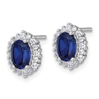 Sterling Silver Rhodium-plated Polished Lab Created Sapphire and CZ Oval Halo Post Earrings — alternate view