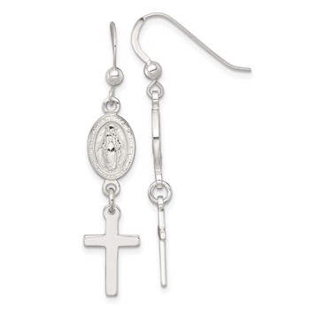 Sterling Silver Polished Spanish Miraculous Medal and Cross Dangle Shepherd Hook Earrings