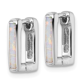 Sterling Silver Rhodium-plated Polished Lab Created Opal Square Hinged Hoop Earrings — alternate view
