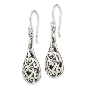 Sterling Silver Polished & Antiqued Filigree Heart Teardrop Dangle Earrings — alternate view