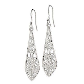 Sterling Silver Polished D/C Filigree Elongated Teardrop Dangle Earrings — alternate view
