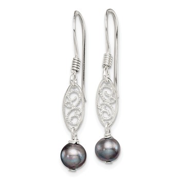 Sterling Silver Polished Filigree 5-6mm Grey Freshwater Cultured Pearl Dangle Earrings — alternate view