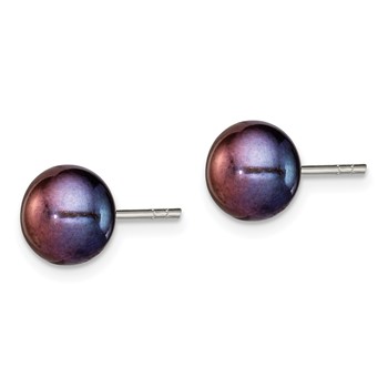 Sterling Silver Polished 7-8mm Black Freshwater Cultured Pearl Button Post Earrings — alternate view