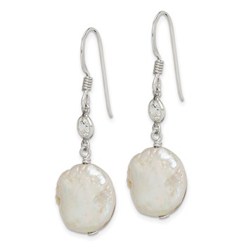Sterling Silver Polished White 12-13mm Coin Freshwater Cultured Pearl & CZ Dangle Earrings — alternate view