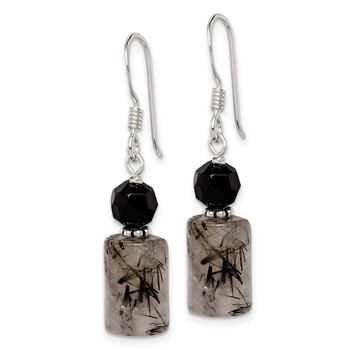 Sterling Silver Polished & Antiqued Black Crystal & Tourmalinated Quartz Dangle Earrings — alternate view