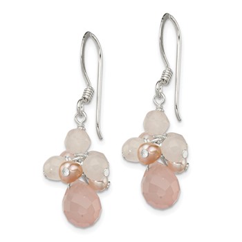 Sterling Silver Rose Quartz and Pink Freshwater Cultured Pearl Dangle Earrings — alternate view