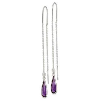 Sterling Silver Polished Purple CZ Teardrop Threader Earrings — alternate view