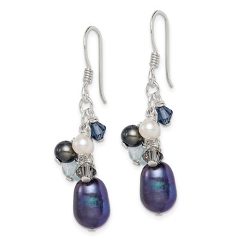 Sterling Silver Polished Blue & Black Crystal, Black and White Freshwater Cultured Pearl Dangle Earrings — alternate view
