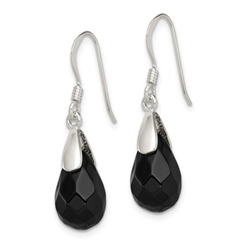 Sterling Silver Polished Faceted Onyx Teardrop Dangle Earrings — alternate view
