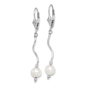 Sterling Silver Rhodium-plated 6-7mm White Semi-Round Freshwater Cultured Pearl Leverback Dangle Earrings — alternate view