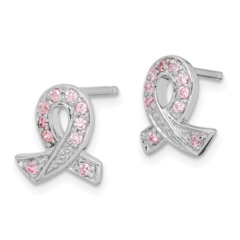 Sterling Silver Rhodium-plated Pink CZ Ribbon Earrings — alternate view