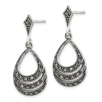 Sterling Silver RH-plated Textured Marcasite Teardrop Post Dangle Earrings — alternate view