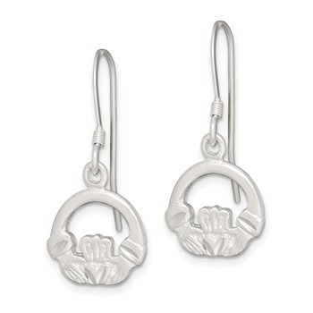 Sterling Silver Satin & Diamond-cut Claddagh Dangle Earrings — alternate view