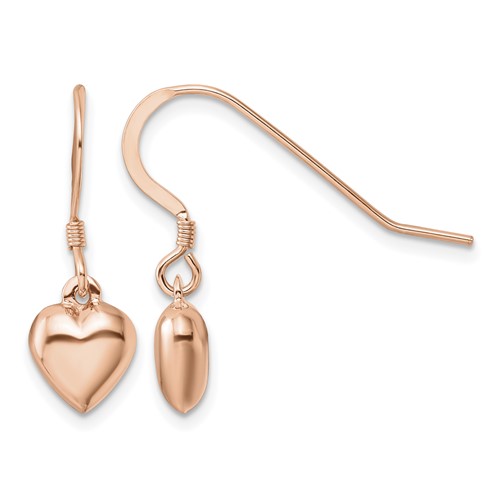 Sterling Silver Rose-tone Puffed Heart Dangle Shepherd Hook Earrings