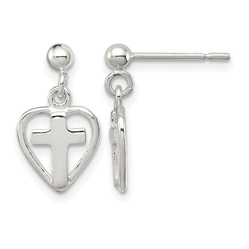 Sterling Silver Polished Cross in Heart Post Dangle Earrings