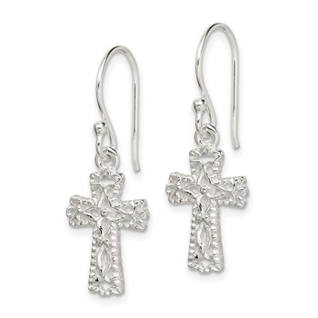 Sterling Silver Polished & Textured Cross Dangle Earrings — alternate view