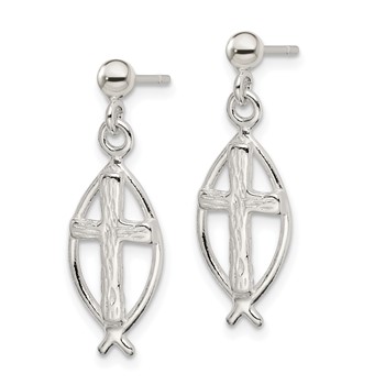 Sterling Silver Polished Antiqued & Textured Ichthus & Cross Post Dangle Earrings — alternate view