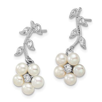 Sterling Silver Rhodium-plated White FWC Pearl CZ Flower Post Earrings — alternate view
