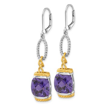 Sterling Silver w/ Gold-tone Vermeil Purple CZ Dangle Earrings — alternate view