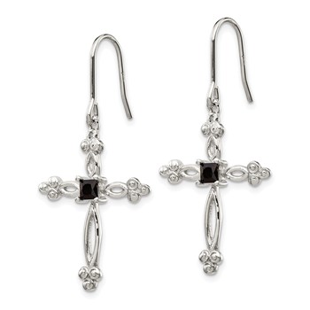 Sterling Silver Rhodium-plated Polished Diamond Accent & Black CZ Budded Cross Dangle Earrings — alternate view