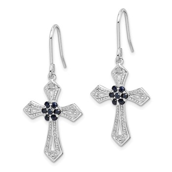 Sterling Silver Rhodium-plated Polished & Beaded Diamond Accent & Black CZ Passion Cross Dangle Earrings — alternate view