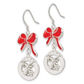 Sterling Silver Red Enameled Merry Bells & Bows Dangle Earrings — alternate view