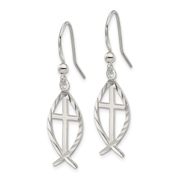 Sterling Silver Polished & D/C Cross & Ichthus Dangle Earrings — alternate view