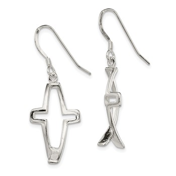 Sterling Silver Polished Cross Ichthus Dangle Earrings — alternate view