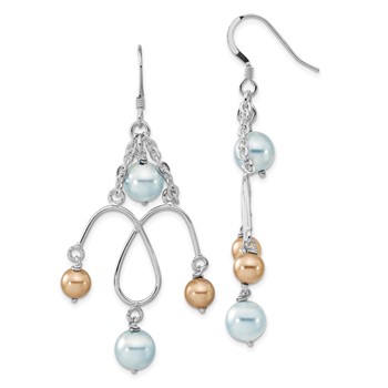 Sterling Silver Polished Blue & Champagne Simulated Pearl Dangle Earrings