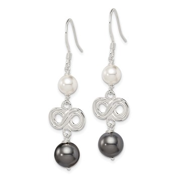 Sterling Silver Polished Grey & White Glass Pearl Infinity Dangle Earrings — alternate view