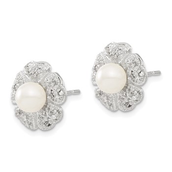 Sterling Silver CZ & Simulated Pearl Flower Post Earrings — alternate view