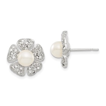 Sterling Silver CZ & Simulated Pearl Flower Post Earrings