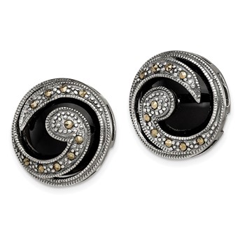 Sterling Silver Antiqued Onyx & Marcasite Round Wave Post Earrings — alternate view